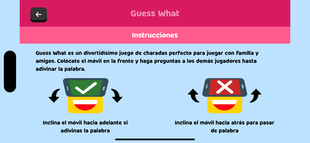 Pantalla de instrucciones del juego de charadas Adivina Qué explicando cómo inclinar el teléfono para jugar en español.