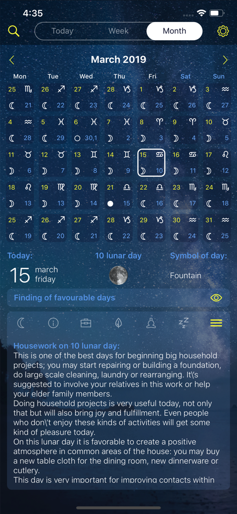 Lunar calendar Dara-Lite - A monthly calendar view showing lunar phases and zodiac signs with daily lifestyle recommendations.