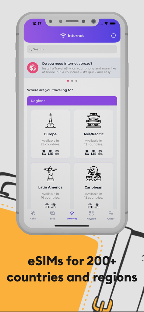 GSM+ Second Phone Number - Interfaz de la aplicación GSM plus que muestra planes de eSIM para viajes para Europa, Asia, América Latina y el Caribe