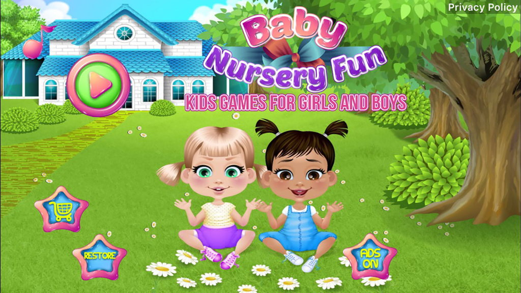 Baby Nursery Fun - Kids Games for Girls and Boys - Main menu of Baby Nursery Fun game showing two cute babies sitting on a lawn with a play button