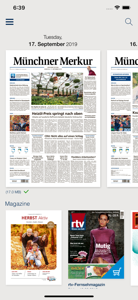 Münchner Merkur ePaper - Libreria digitale dell'app Muenchner Merkur ePaper che mostra edizioni di giornali e riviste locali