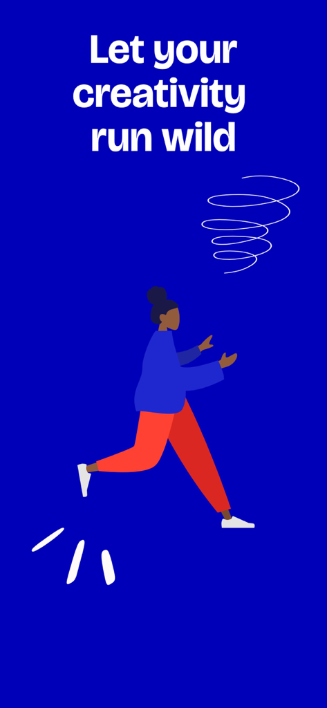 Brickart - Uma ilustração de uma pessoa se movendo sobre um fundo azul com o texto Deixe sua criatividade fluir livremente.
