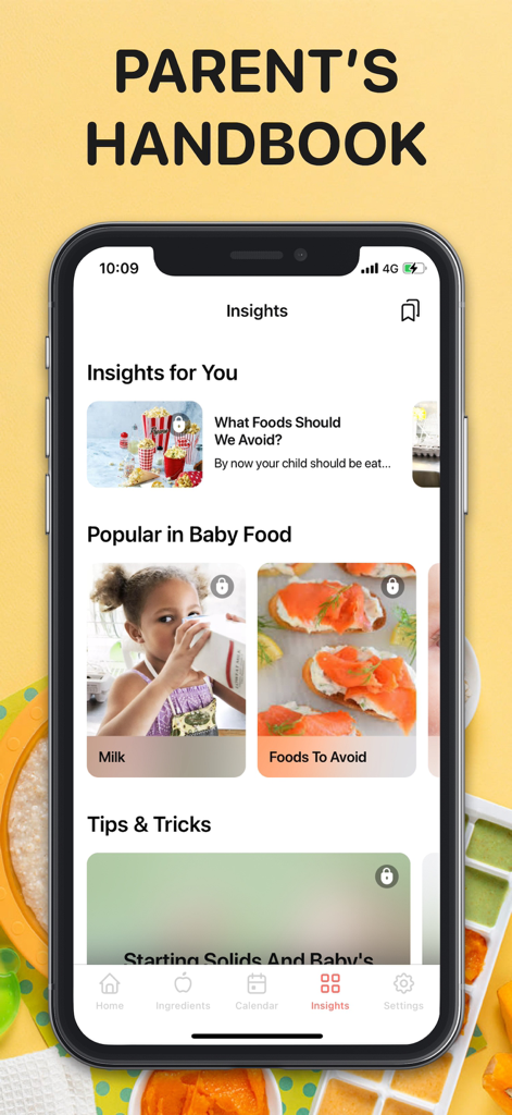 BLW Meals: Baby Led Weaning - Mobile app screen showing the Insights section of the BLW Meals app with nutrition tips and baby food advice