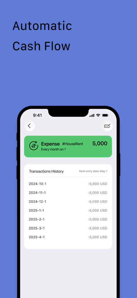Percentoアプリのインターフェース。家賃の自動的な月次経費を表示。