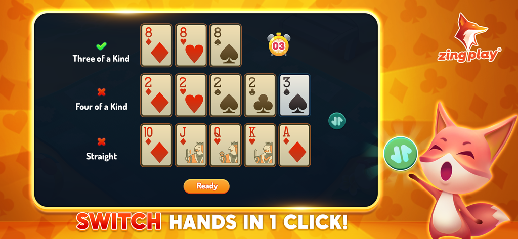 Pusoy ZingPlay - Chinese Poker - Captura de pantalla de Pusoy ZingPlay mostrando 13 cartas ordenadas en tres manos de póker estratégicas con una función de cambio de manos