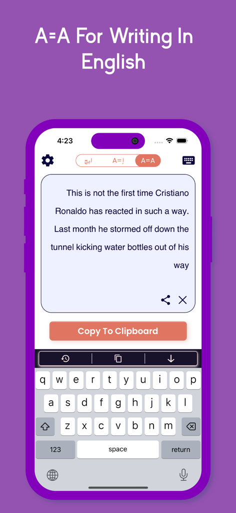 Arabic Keyboard · - Screenshot dello smartphone della funzionalità di modalità inglese dell'app Tastiera Arabo che mostra un layout QWERTY e una casella di testo