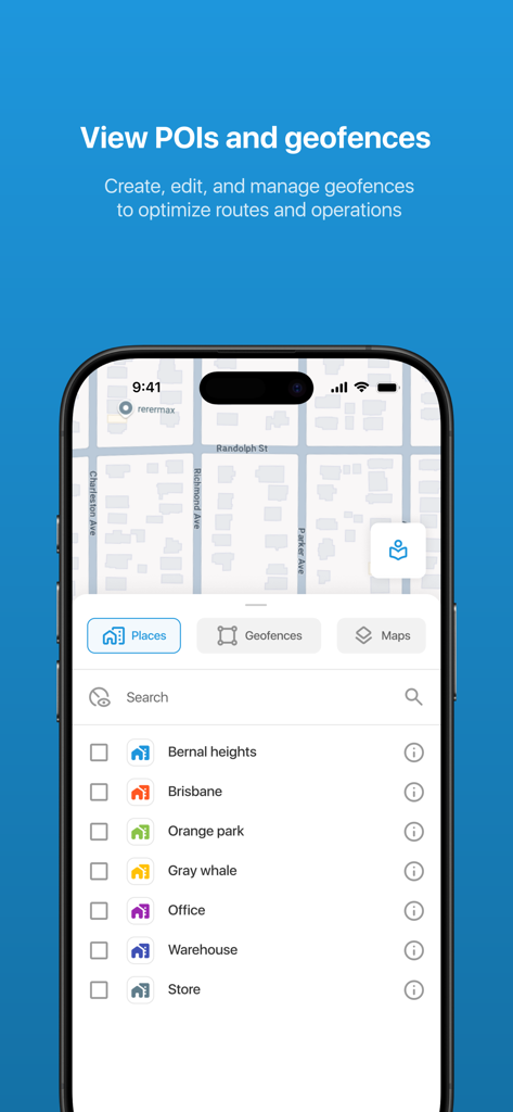 X-GPS Mobile - Interfaz de la aplicación X-GPS Mobile para ver y gestionar puntos de interés y geovallas en un mapa