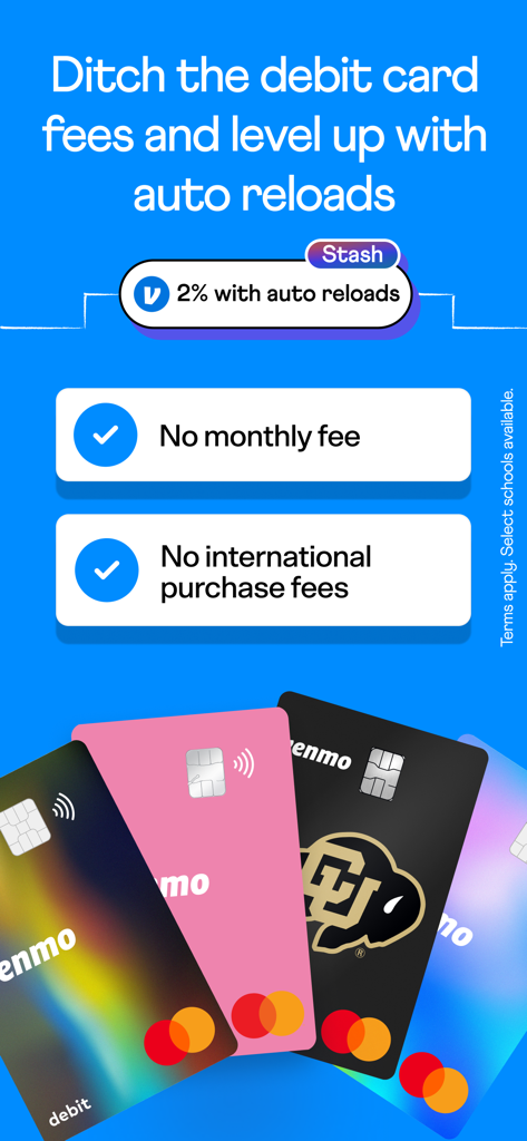 Venmo app screen showcasing various debit card designs and highlighting features like no monthly or international fees