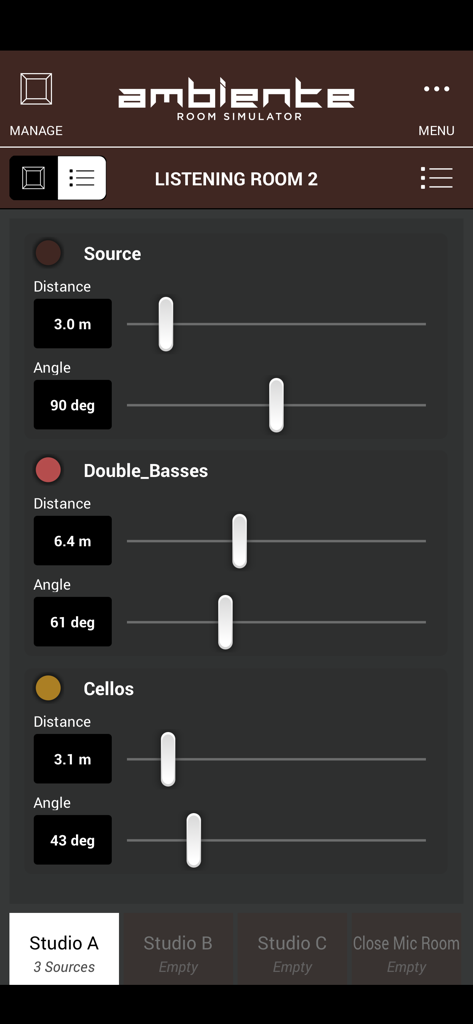 Ambiente Room Simulator - Interface of Ambiente Room Simulator showing sliders for adjusting the distance and angle of virtual instruments