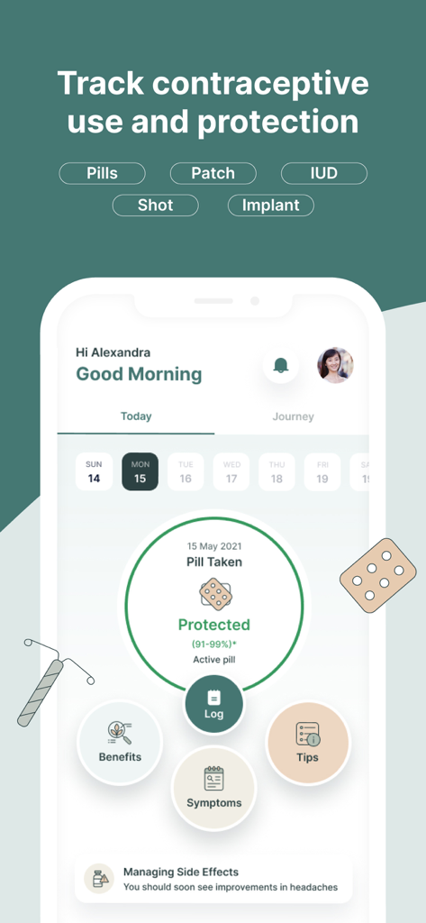 Ease: Birth Control Reminder - Ease app dashboard showing contraceptive protection status and tracking for pills, patches, and IUDs