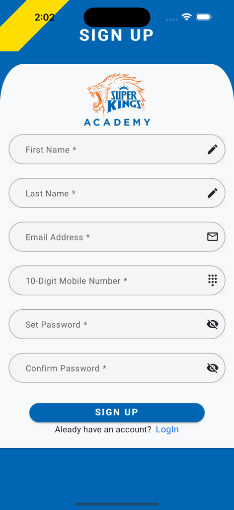 Super Kings Academy - Pantalla de registro para la aplicación móvil Super Kings Academy.