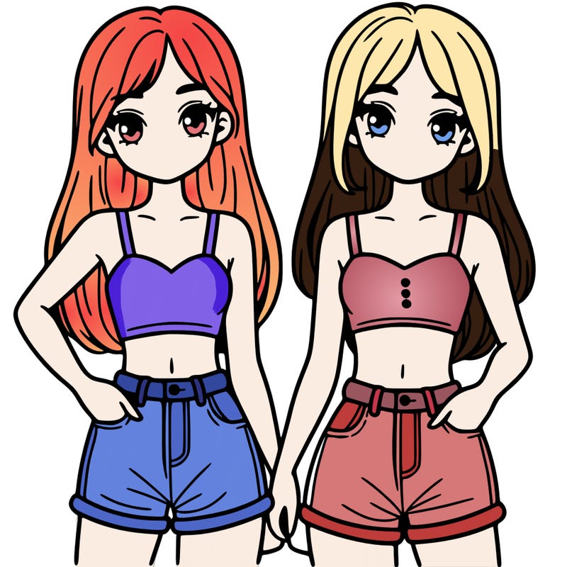 two sisters with crop tops and jean shorts and straight hair