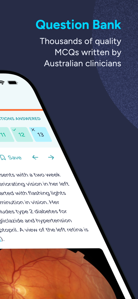 Smartphone screen displaying the eMedici question bank with a clinical case and a medical image of a retina.
