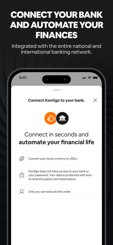 Kontigo Global app interface for connecting a bank account and automating finances.
