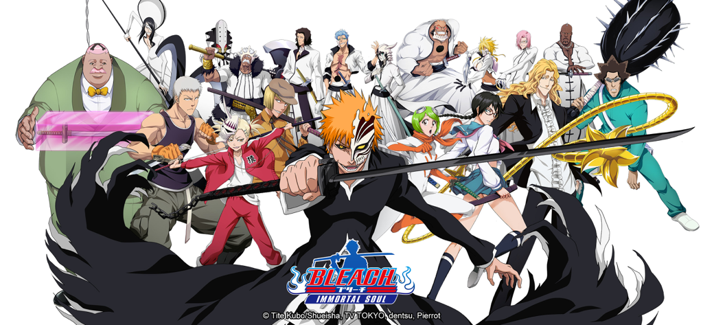 A group of main characters from the mobile game Bleach Immortal Soul featuring Ichigo Kurosaki