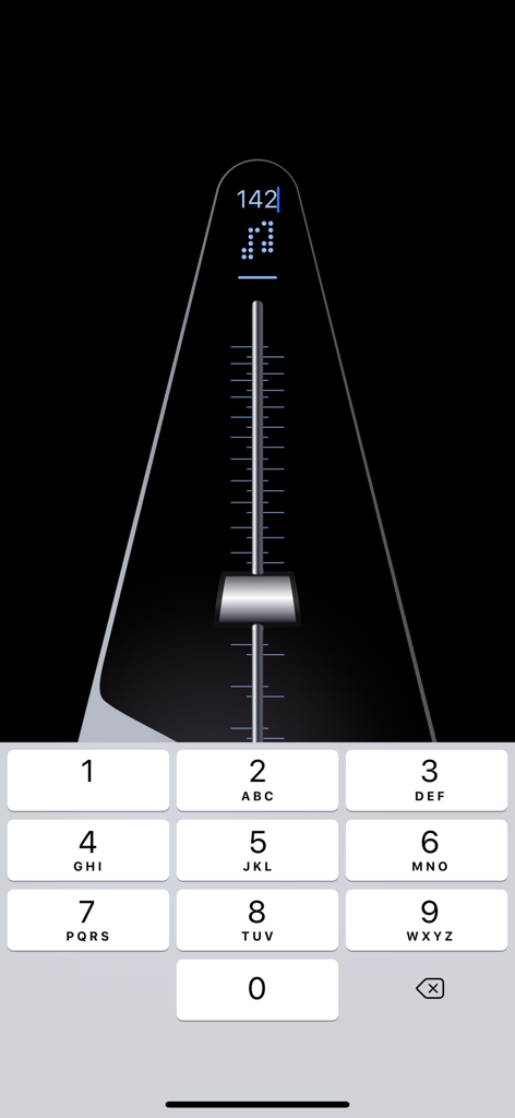 Metronome - reloaded - Metronome app interface showing a numeric keypad for manual BPM entry on a professional black and silver design