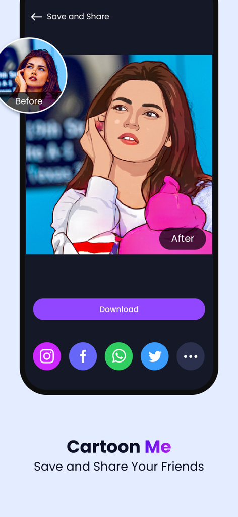 Une interface d'application mobile pour CartoonMe montrant un portrait cartoonisé avec des options pour télécharger et partager sur les réseaux sociaux.