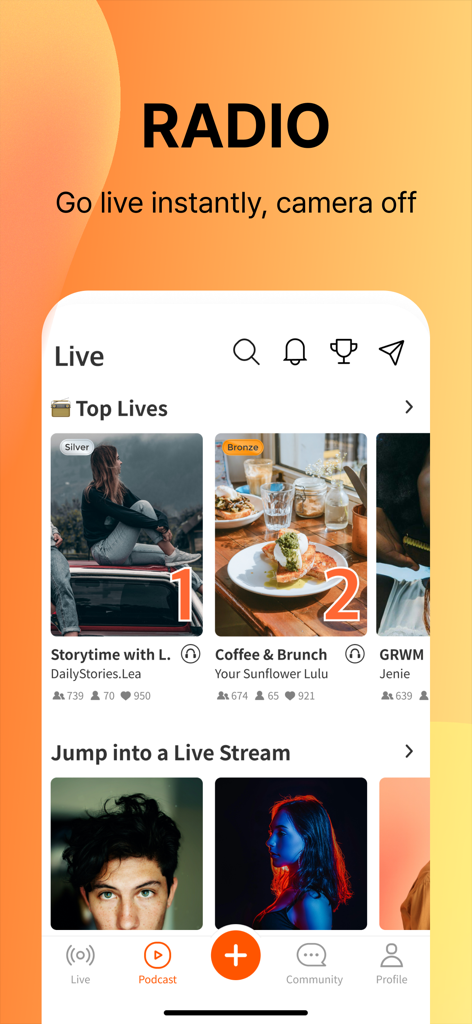 Interface of Spoon live audio app showing top streams and radio features