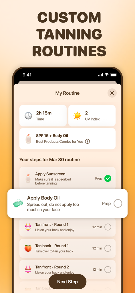 SPF: Tanning & UV Index App - Mobile interface of the SPF app showing a personalized tanning routine with timed steps and product recommendations