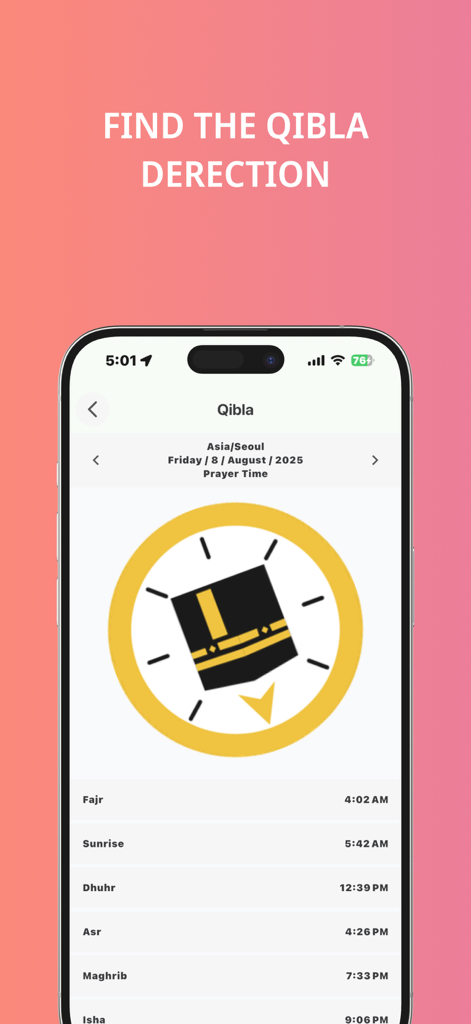 Korehalal Trip : Muslim Travel - Korehalal Trip app interface displaying the Qibla compass and a list of daily prayer times for South Korea