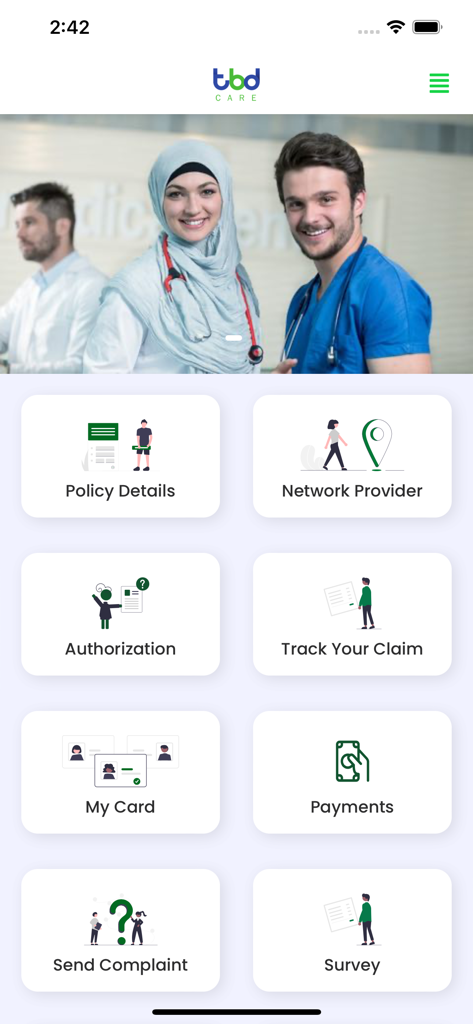 TBD Care App - TBD Care app home screen with icons for policy details medical claims and provider networks