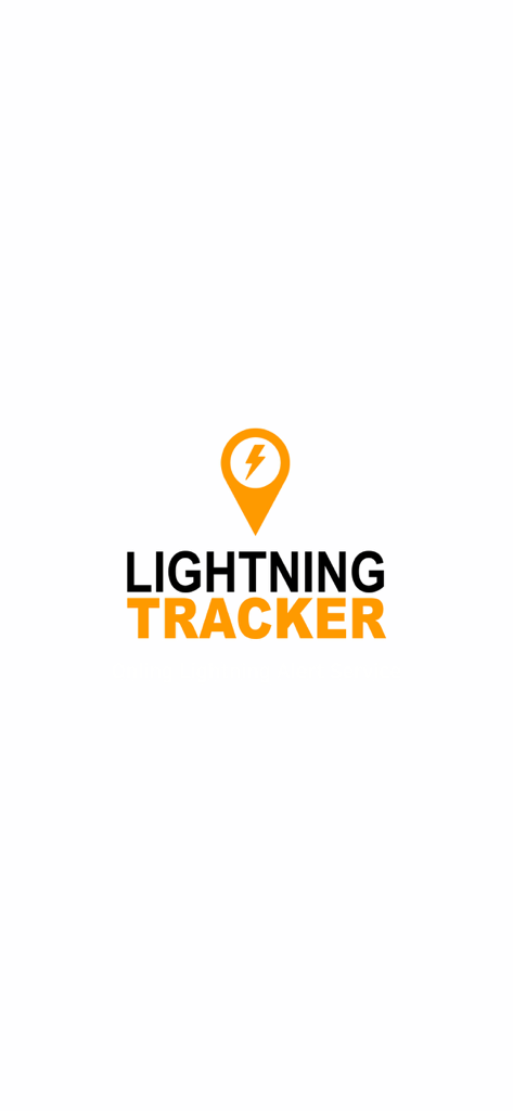 Tela de apresentação do aplicativo Lightning Tracker com um logotipo com um pino de mapa laranja e um ícone de raio