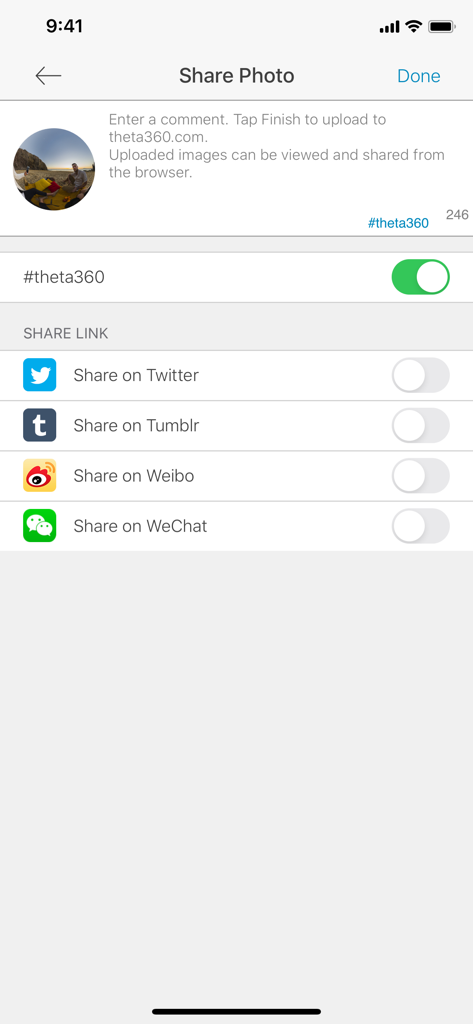 The share screen of the RICOH THETA app showing social media sharing options for a 360 degree photo