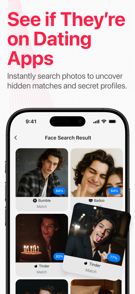 Cheater AI: Social Catfish - Smartphone screen showing face search results and matches across various dating apps like Tinder and Bumble