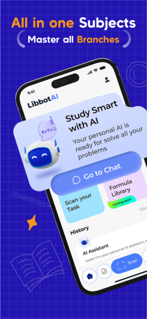 Libbot: AI Homework Helper - Interfaz de la aplicación Libbot AI Homework Helper que muestra el panel Study Smart with AI y las funciones de dominio de materias