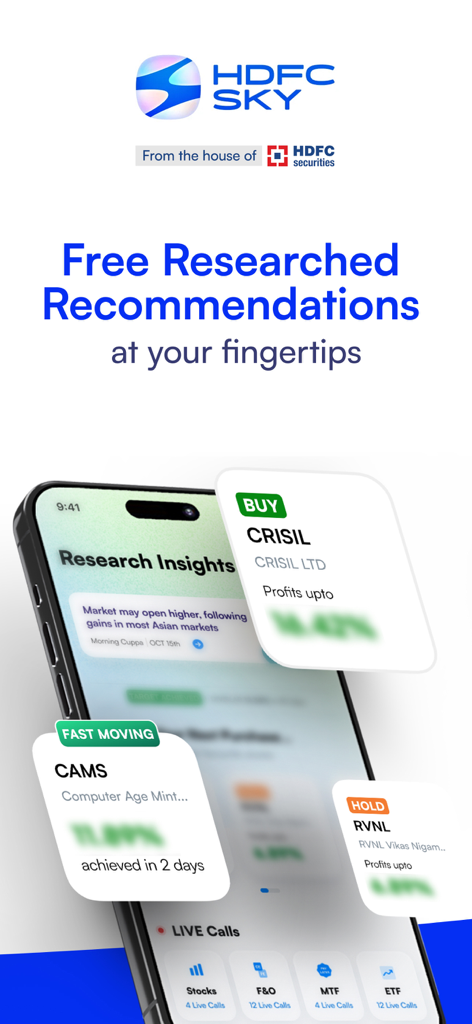 HDFC SKY: Stocks MF IPO Demat - HDFC SKY app interface showing free researched stock market recommendations and insights
