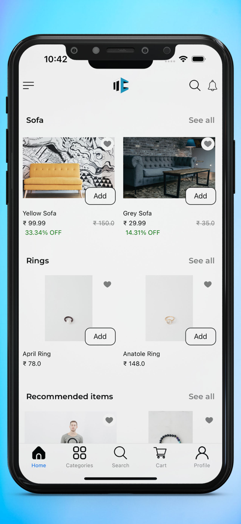 Mobile App Builder for Shopify - 様々な商品カテゴリを表示するカスタムShopifyモバイルアプリのホーム画面インターフェース