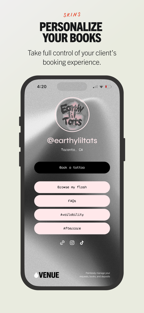 A mobile phone displaying a personalized tattoo artist profile page with buttons for booking, browsing flash, and viewing availability.