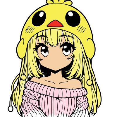 anime girl with chick shaped hat with sweater with bare shoulders with bangs covering them one eye with low tail
