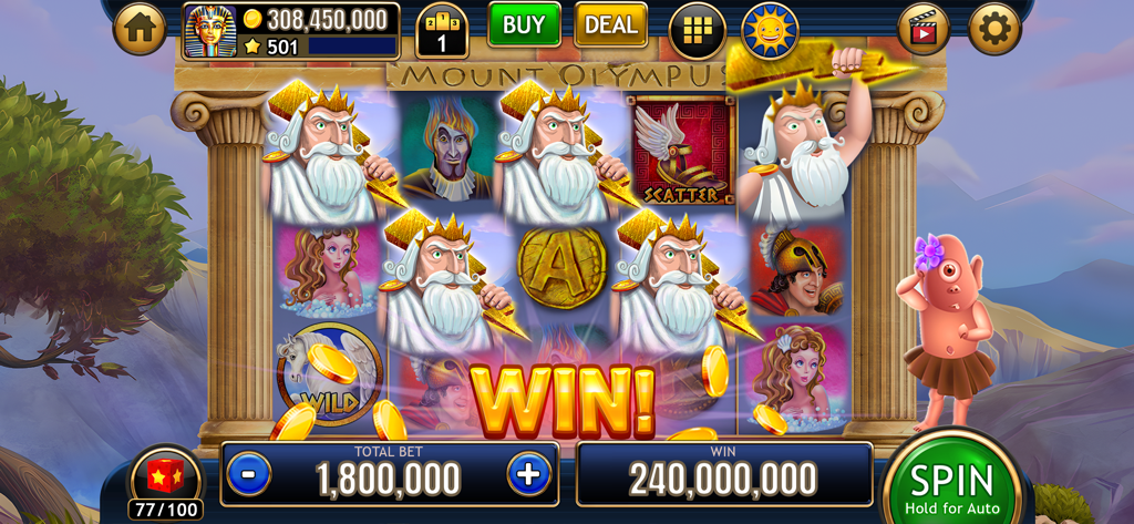 Big win notification on the Zeus themed Mount Olympus slot machine in Vegas Slots Galaxy Casino