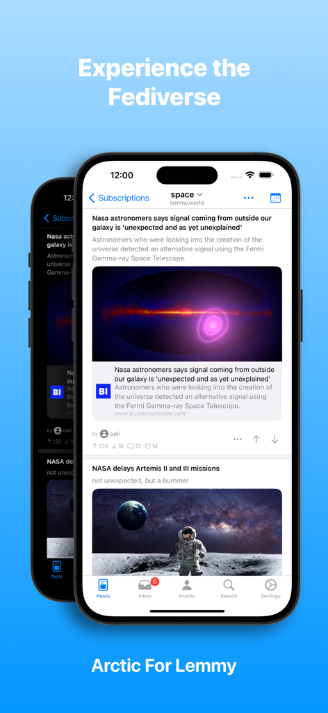 Arctic For Lemmy - Interfaz de la aplicación Arctic For Lemmy en iPhone mostrando un feed de redes sociales