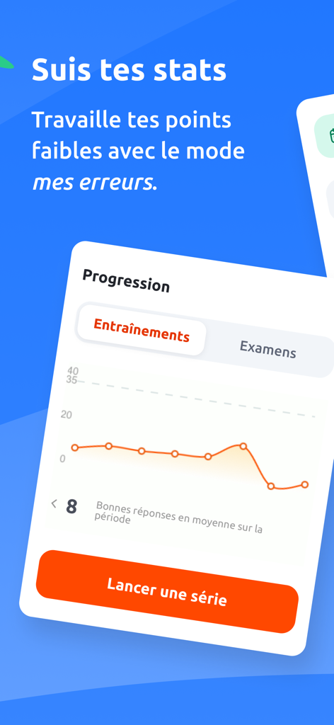 Mobile app interface showing a statistics graph and learning progress dashboard for the En Voiture Simone driving school