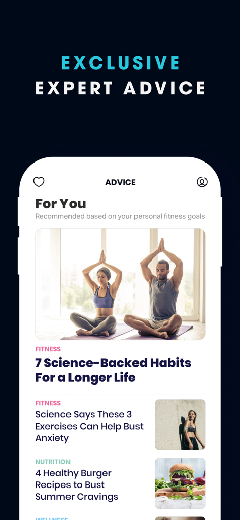 FitOn Workouts & Fitness Plans - Interface of the FitOn app showing expert health and wellness articles including fitness habits and nutrition tips
