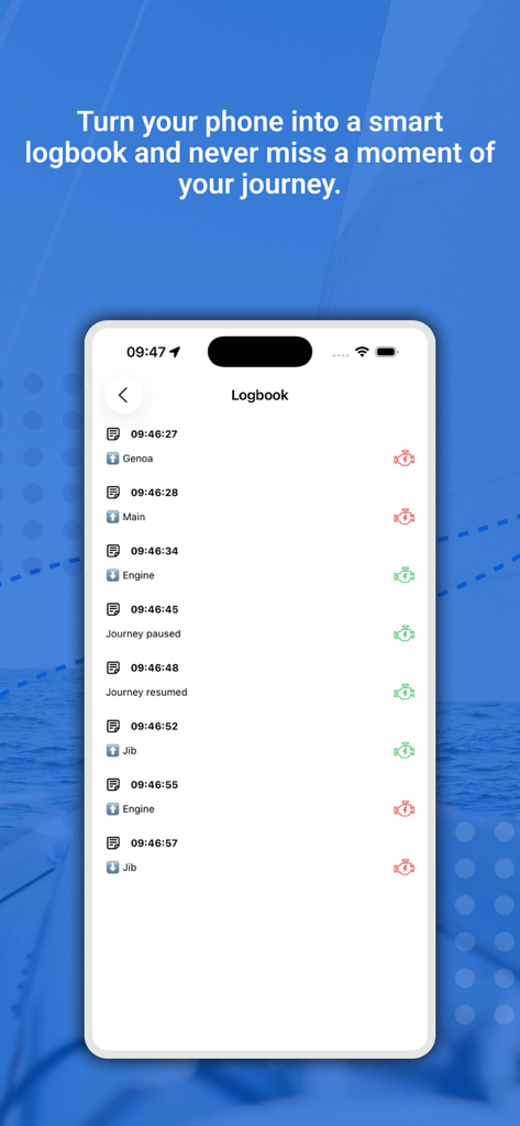 Boat Logbook & GPS Tracker - Écran de smartphone affichant un journal de bord maritime automatisé avec des mises à jour de l'état de la voile et du moteur.