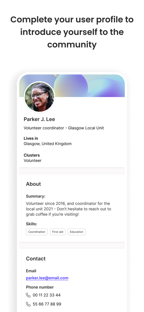 T-bird Connect app screenshot showing a user profile with professional networking details and contact information