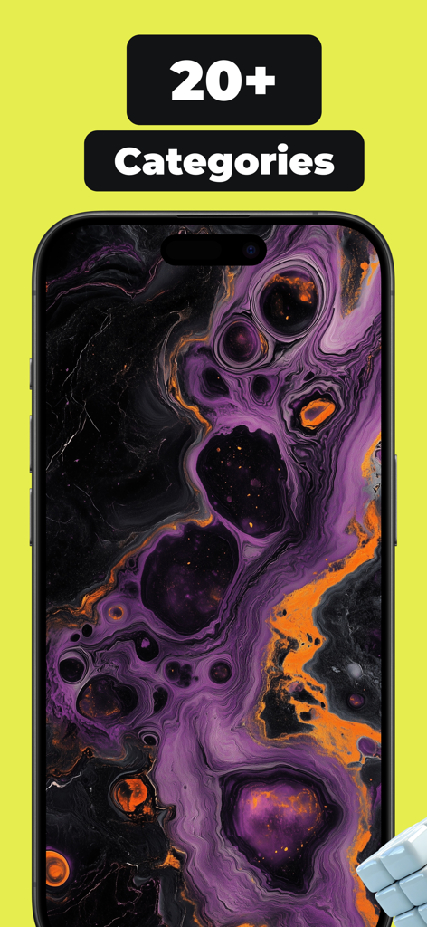Live Wallpaper & 4K - WallPix - iPhone mostrando un fondo de pantalla abstracto de líquido morado y naranja con un texto superpuesto que menciona más de 20 categorías.