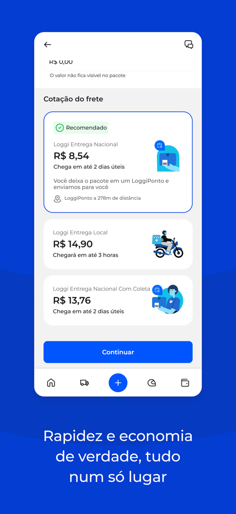 Loggi app screen showing shipping price quotes for local and national delivery options.