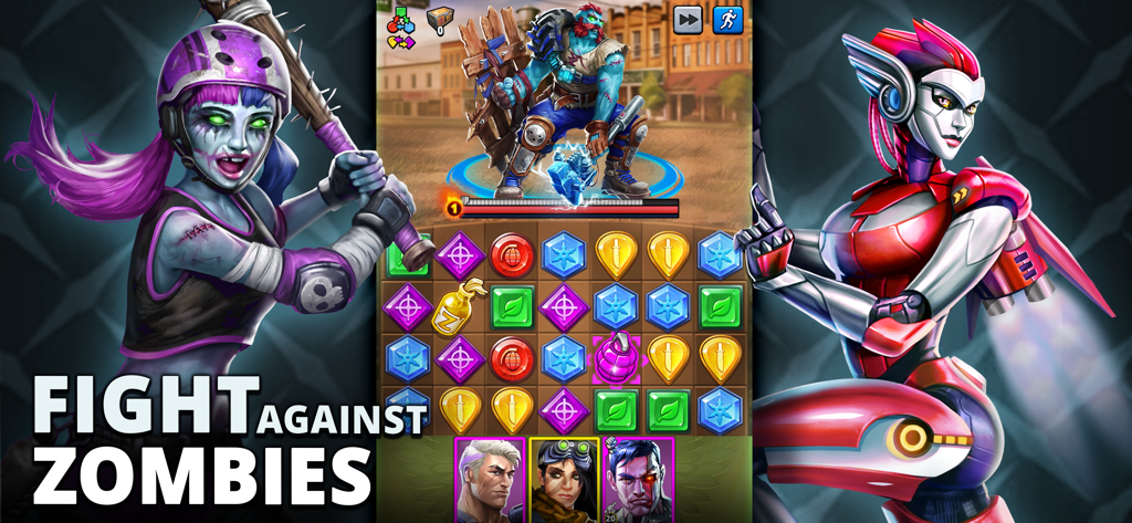 Puzzle Combat: RPG Match 3 - Pantalla del juego Puzzle Combat RPG Match 3 que muestra personajes y un tablero de puzle para luchar contra zombis.