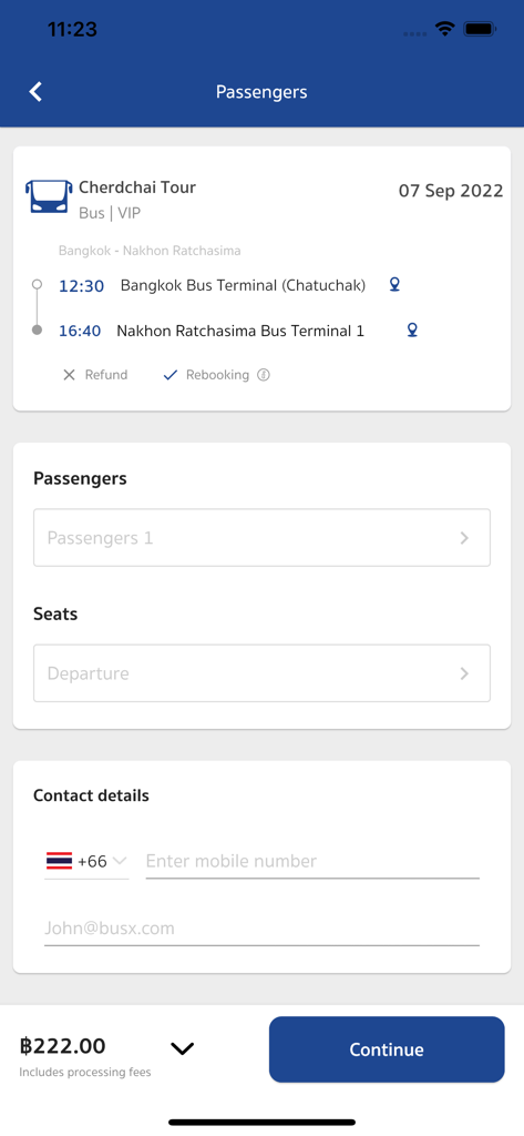 Booking screen for Cherdchai Tour bus app showing trip details and passenger information form