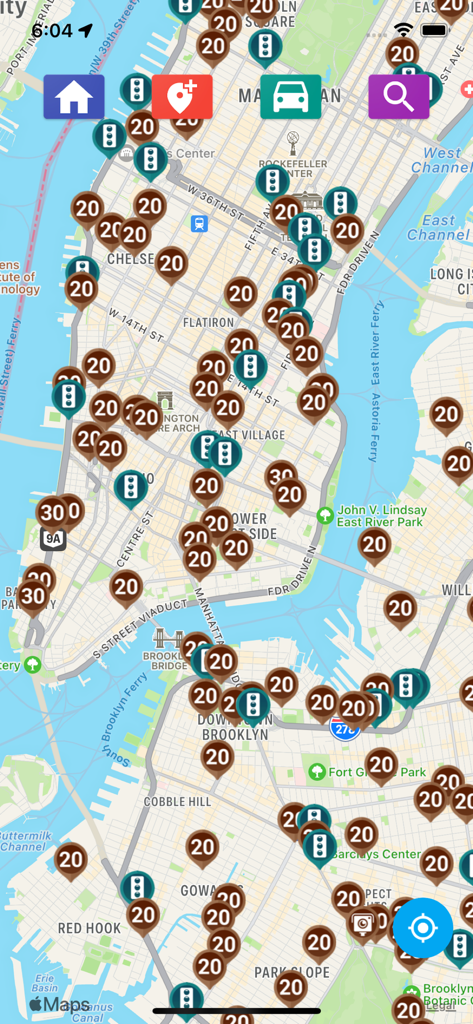A navigation map of New York City showing real-time locations of speed cameras and traffic light sensors