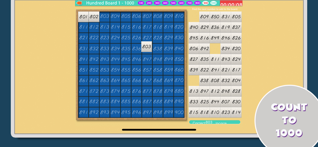 Montessori Math - A screenshot of the Montessori Math app showing the Hundred Board activity where children can practice counting up to 1000 by placing numbered tiles onto a grid.