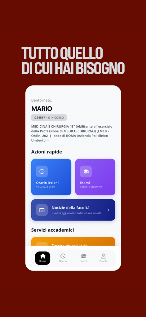 Studenti Roma - Dashboard dell'app Studenti Roma che mostra l'orario universitario e azioni rapide per gli esami.