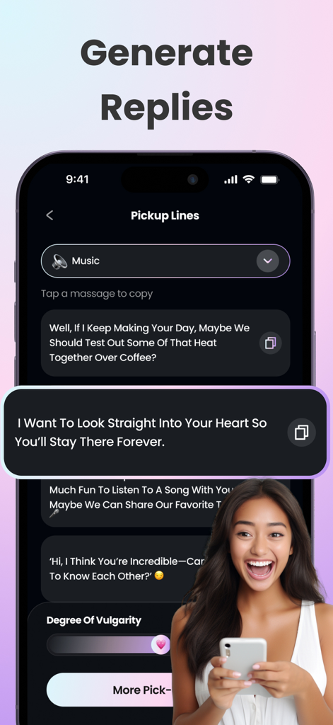 Rizzai - Dating Assistant App - Pantalla de la aplicación asistente de citas Rizzai que muestra frases para ligar generadas por IA y un control deslizante de vulgaridad.