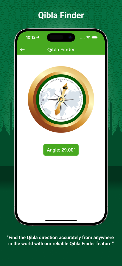 Un écran de smartphone montrant la fonction boussole du chercheur de Qibla avec un cadran doré et l'icône de la Kaaba.