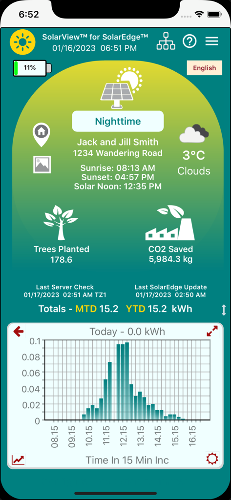 SolarView app dashboard displaying solar production data and environmental impact statistics