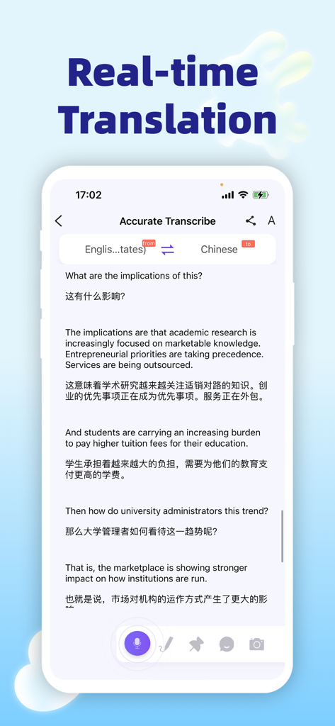 Interfaz de smartphone mostrando transcripción de voz en tiempo real de inglés a chino en iTourTranslator.